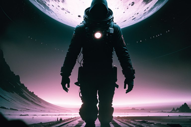 An imagined image inspired by concept of cosmic horror depicting a hooded figure in a space suit walking towards the viewer with a giant full moon in the background