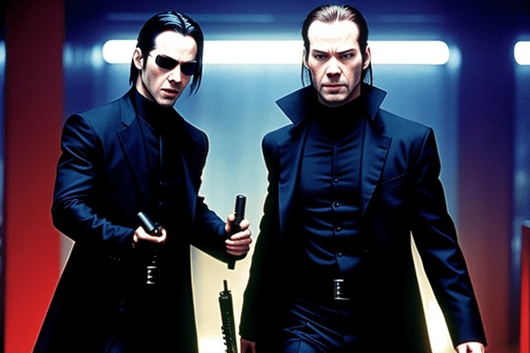 An imagined image of Keanu Reeves and Hugo Weaving from the movie The Matrix (1999)