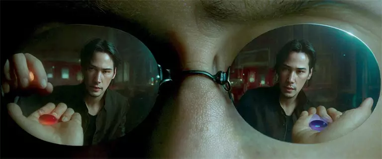 An imagined image of Neo reflected in the sunglasses of Morpheus in the movie The Matrix (1999)