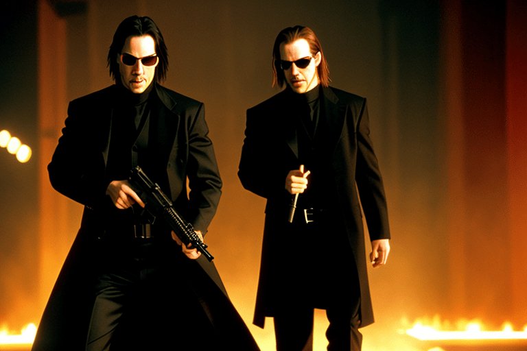 An imagined image of Keanu Reeves and Hugo Weaving from the movie The Matrix (1999)