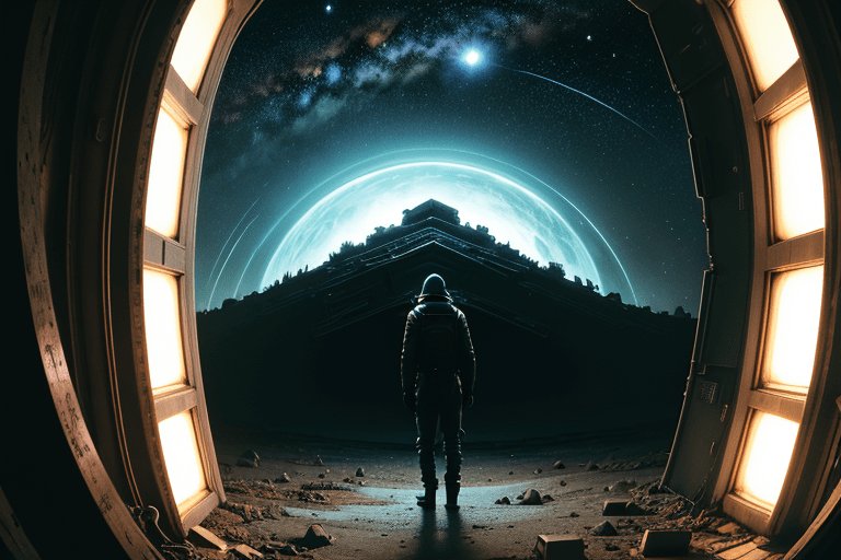 An imagined image inspired by concept of cosmic horror depicting a hooded figure stepping a doorway into an alien landscape with a large structure that looks like a town in the background