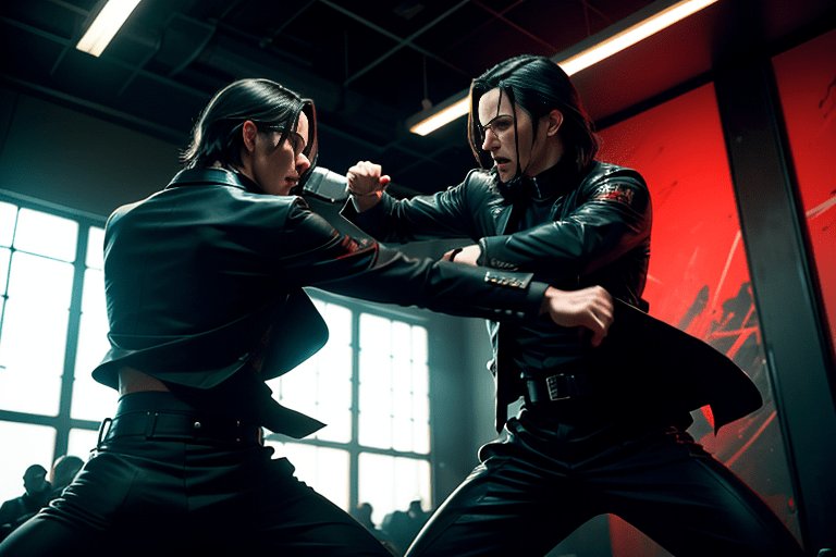 An imagined image of an asian man who resembles Neo in a scene from the movie The Matrix (1999) in a martial arts fight.