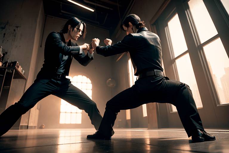 An imagined image of an asian man who resembles Neo in a scene from the movie The Matrix (1999) in a martial arts fights against a program.