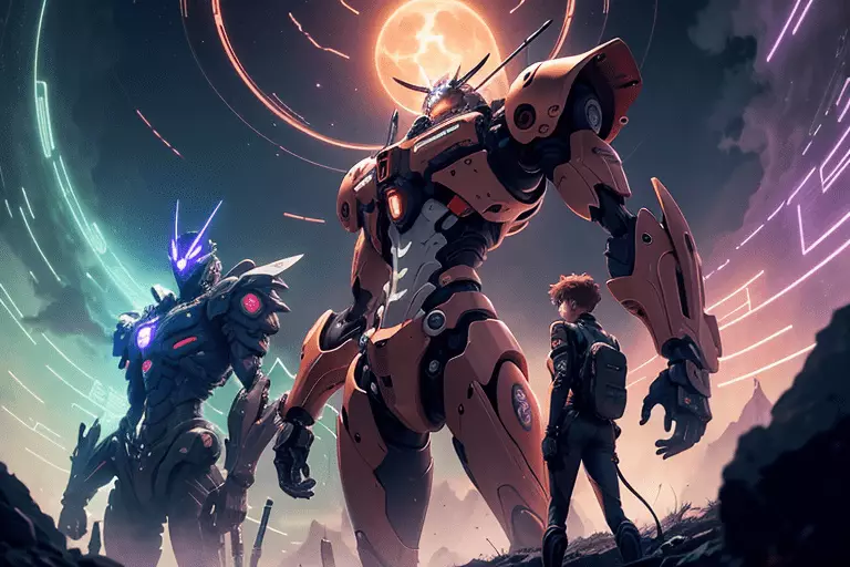 An imagined image from the anime Neon Genesis Evangelion (1995) depicting two different Eva unit mechas and a pilot walking towards them