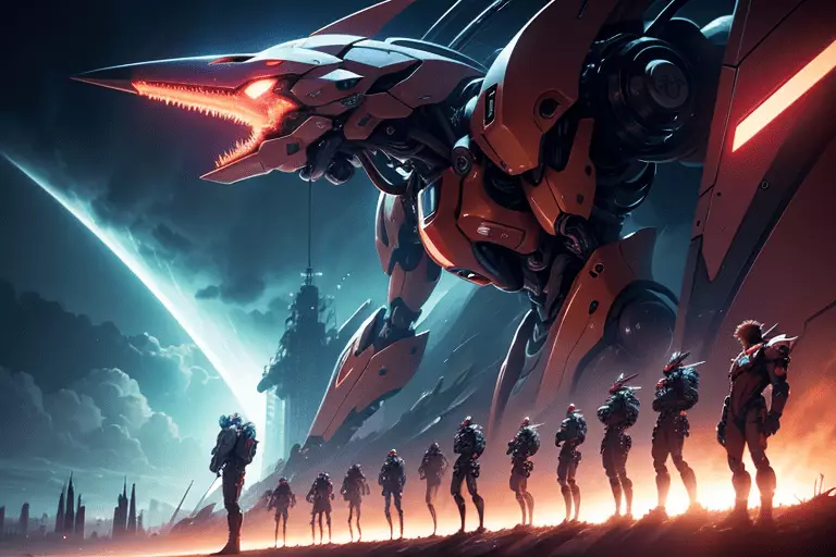 An imagined image from the anime Neon Genesis Evangelion (1995) depicting a mecha and mechanized soldiers preparing for battle